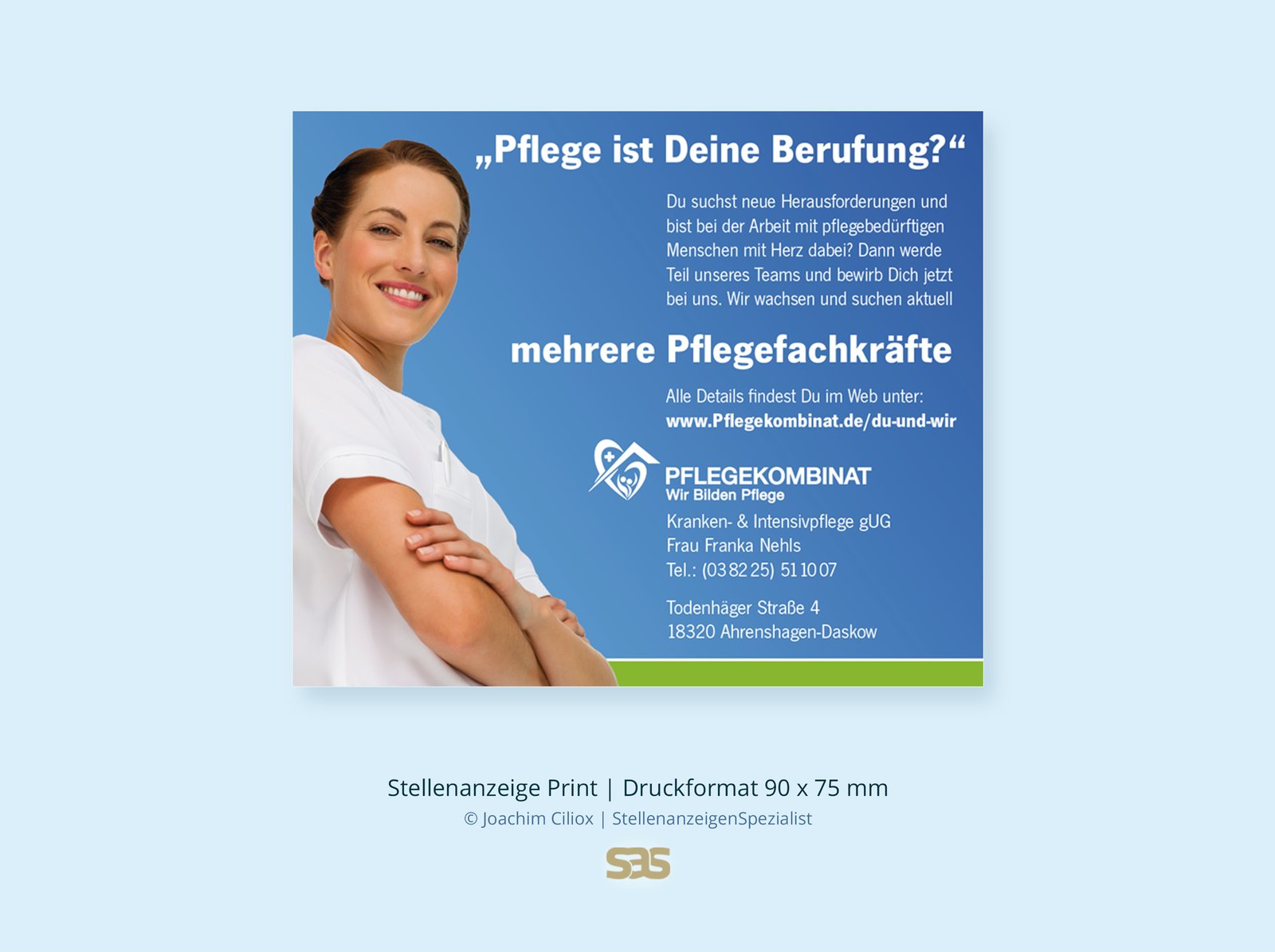Gestaltungsbeispiel Print-Stellenanzeige: Pflegefachkräfte (m/w/d) für Pflegekombinat, Druckformat 90 × 75 mm